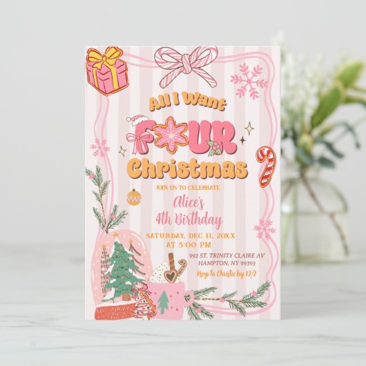 Cute Retro Christmas Winter 4th Birthday Kaart (Staand voorkant)