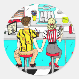 Cute Retro Couple Holding Hands op Diner Ronde Sticker