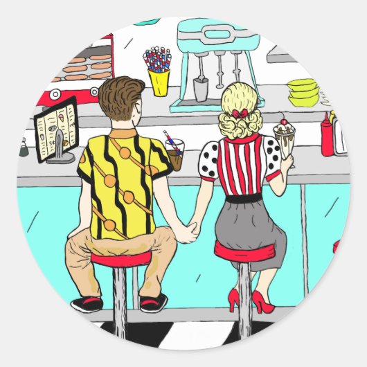 Cute Retro Couple Holding Hands op Diner Ronde Sticker (Voorkant)