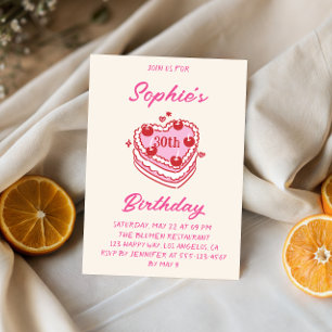 Cute Retro Crème & Roze Hart Cake Verjaardagsfeest Kaart