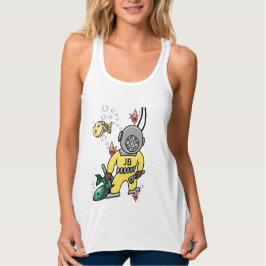 Cute Retro Deep Sea Diver and Fish - Monogrammed Tanktop