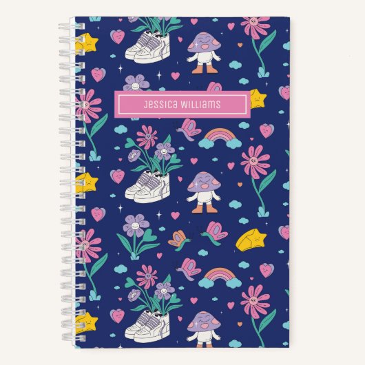 Cute Retro Doodle Flower Pattern Girly Floral Notitieboek (Voorkant)
