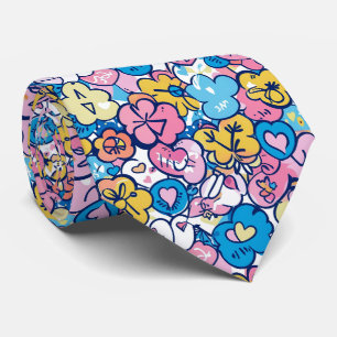 Cute Retro Doodle Harten Bloemen Blauw Roze Patroo Stropdas