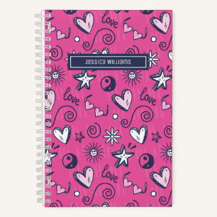 Cute Retro Doodle Heart Star Love Patroon Roze Notitieboek