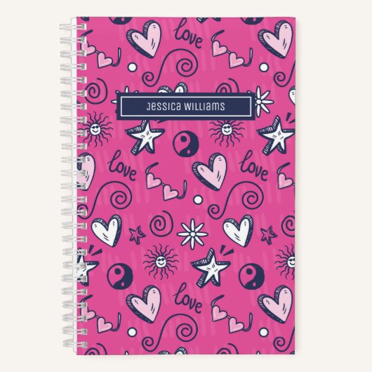 Cute Retro Doodle Heart Star Love Patroon Roze Notitieboek (Voorkant)