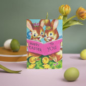 Cute retro Easter Bunnies Holiday briefkaart