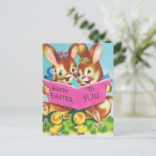 Cute retro Easter Bunnies Holiday briefkaart (Staand voorkant)