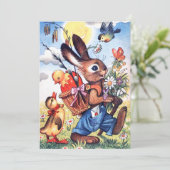 Cute retro  Easter bunny add message card Feestdagenkaart (Staand voorkant)