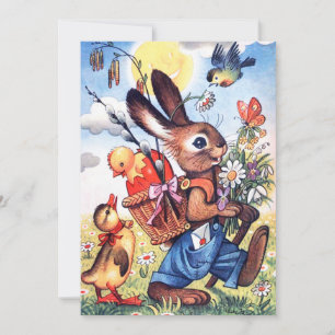 Cute retro Easter bunny add message card Feestdagenkaart
