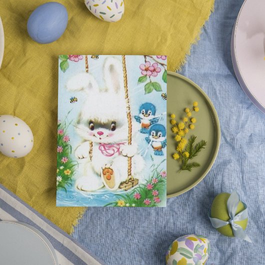 Cute retro Easter bunny add message card Feestdagenkaart