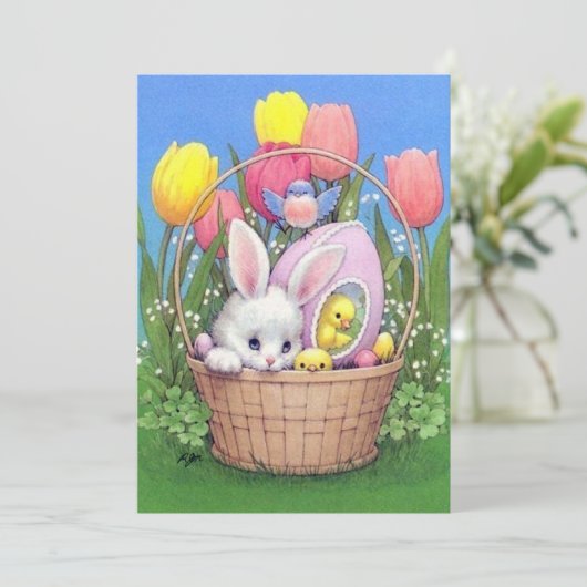 Cute retro  Easter bunny add message Feestdagenkaart (Staand voorkant)