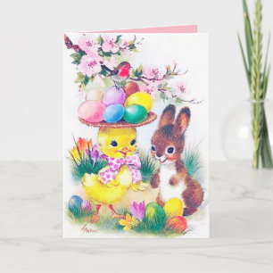 Cute retro Easter bunny chick add message Feestdagen Kaart