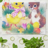 Cute retro  Easter bunny chick Holiday Theedoek (Gevouwen)