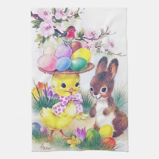 Cute retro  Easter bunny chick Holiday Theedoek (Verticaal)