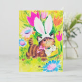 Cute retro Easter cat add message Feestdagenkaart (Staand voorkant)