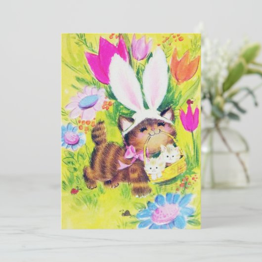 Cute retro  Easter cat add message Feestdagenkaart (Staand voorkant)