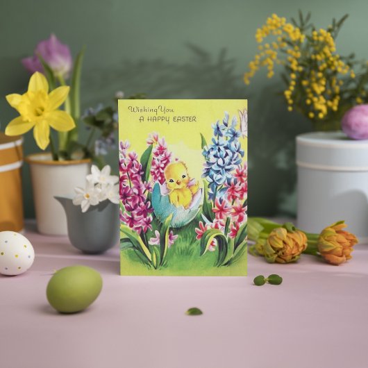 Cute retro Easter chick add message Feestdagen Kaart