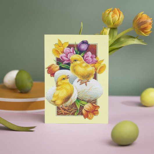 Cute retro Easter chick add message Feestdagenkaart