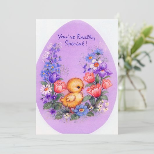 Cute retro Easter chick add message Feestdagenkaart (Staand voorkant)
