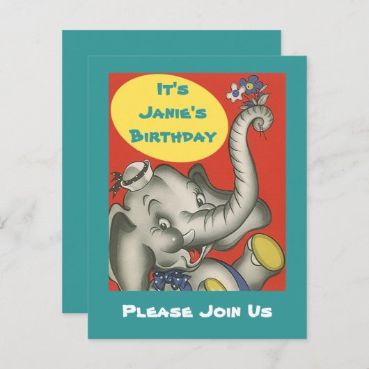 Cute Retro Elephant Uitnodiging van met een derde  (Voorkant / Achterkant)