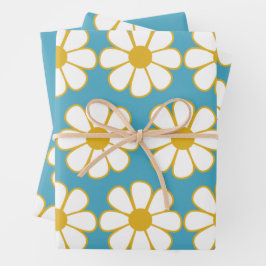 Cute Retro Floral Daisy Pattern Mustard and Blue Inpakpapier Vel