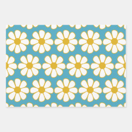 Cute Retro Floral Daisy Pattern Mustard and Blue Inpakpapier Vel