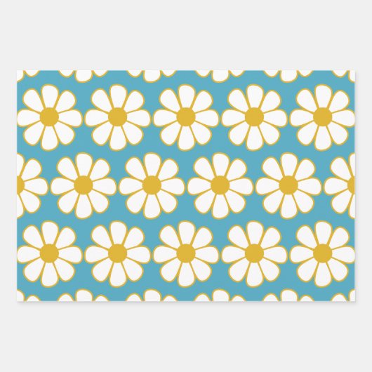 Cute Retro Floral Daisy Pattern Mustard and Blue Inpakpapier Vel (Voorkant)