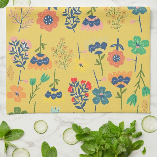 Cute retro floral pattern mustard Pink Green Theedoek (Gevouwen)