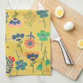 Cute retro floral pattern mustard Pink Green Theedoek (Quarter Fold)