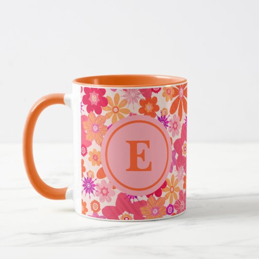 Cute Retro Floral Pattern Oranje Pink Monogram Mok (Links)
