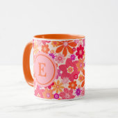 Cute Retro Floral Pattern Oranje Pink Monogram Mok (Voorkant links)