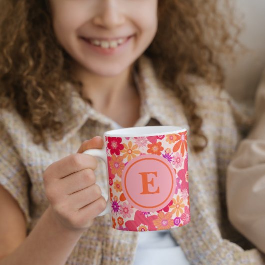Cute Retro Floral Pattern Oranje Pink Monogram Mok