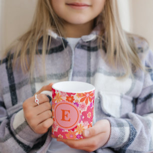 Cute Retro Floral Pattern Oranje Pink Monogram Mok