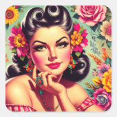 Cute Retro Floral Pin-up Portrait Vierkante Sticker (Voorkant)