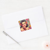 Cute Retro Floral Pin-up Portrait Vierkante Sticker (Envelop)