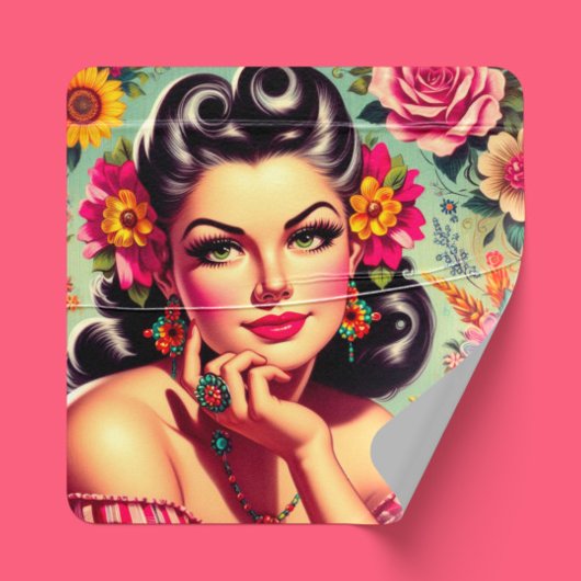 Cute Retro Floral Pin-up Portrait Vierkante Sticker