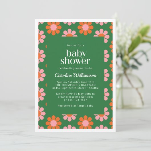 Cute Retro Flowers Green Roze Baby shower Kaart (Staand voorkant)