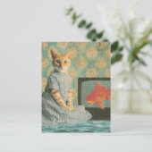 Cute Retro Ginger Cat With Goldfish Retro Collage Briefkaart (Staand voorkant)
