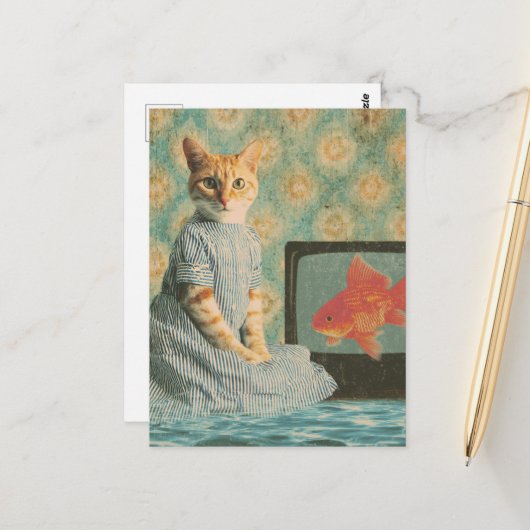 Cute Retro Ginger Cat With Goldfish Retro Collage Briefkaart (Voorkant / Achterkant in situ)