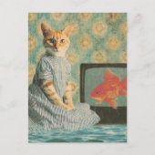 Cute Retro Ginger Cat With Goldfish Retro Collage Briefkaart (Voorkant)