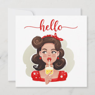 Cute Retro Girl Tan Flat Hallo Kaart