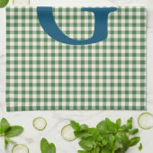 Cute Retro Green Gingham Pset Pattern Monogram Theedoek (Gevouwen)