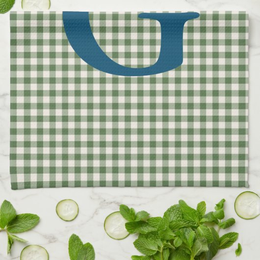 Cute Retro Green Gingham Pset Pattern Monogram Theedoek (Gevouwen)