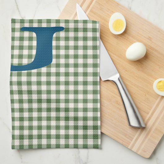 Cute Retro Green Gingham Pset Pattern Monogram Theedoek (Quarter Fold)