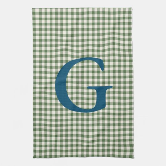Cute Retro Green Gingham Pset Pattern Monogram Theedoek (Verticaal)