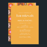 Cute Retro Groovy Geometric Yellow Bat Mitzvah Kaart<br><div class="desc">Voeg wat retro vibes aan uw Bat Mitzvah met deze groovy kleurrijke uitnodigingen toe die een esthetisch geometrisch floreel patroon van 70s in geel,  roze,  oranje,  en bruin voorzien.</div>