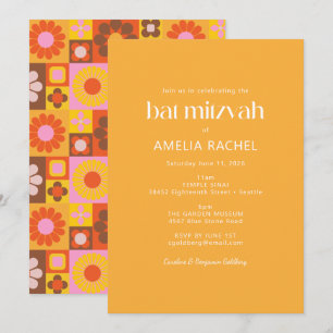 Cute Retro Groovy Geometric Yellow Bat Mitzvah Kaart