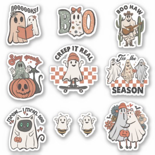 Cute Retro Halloween Ghost Sticker Pack (Voorkant)