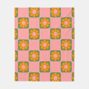 Cute Retro Hippie Flower Checkerboard Roze Groen Fleece Deken