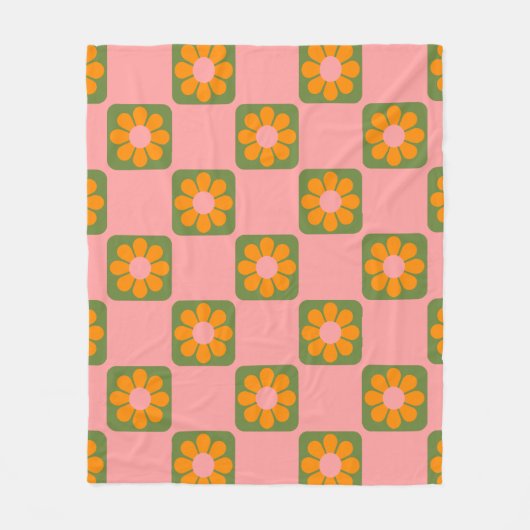 Cute Retro Hippie Flower Checkerboard Roze Groen Fleece Deken (Voorkant)